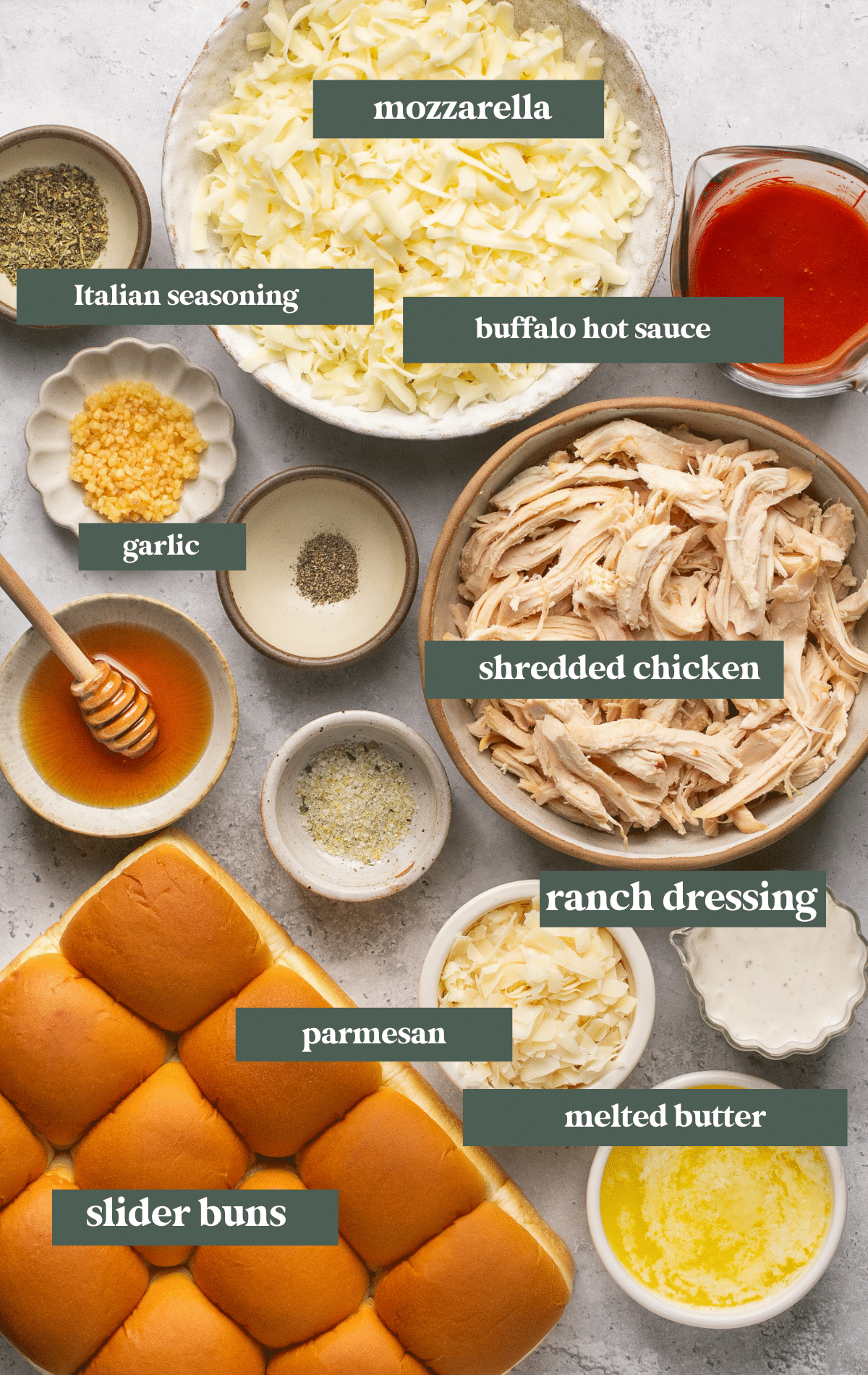 ingredients needed to make buffalo sliders in small dishes. 