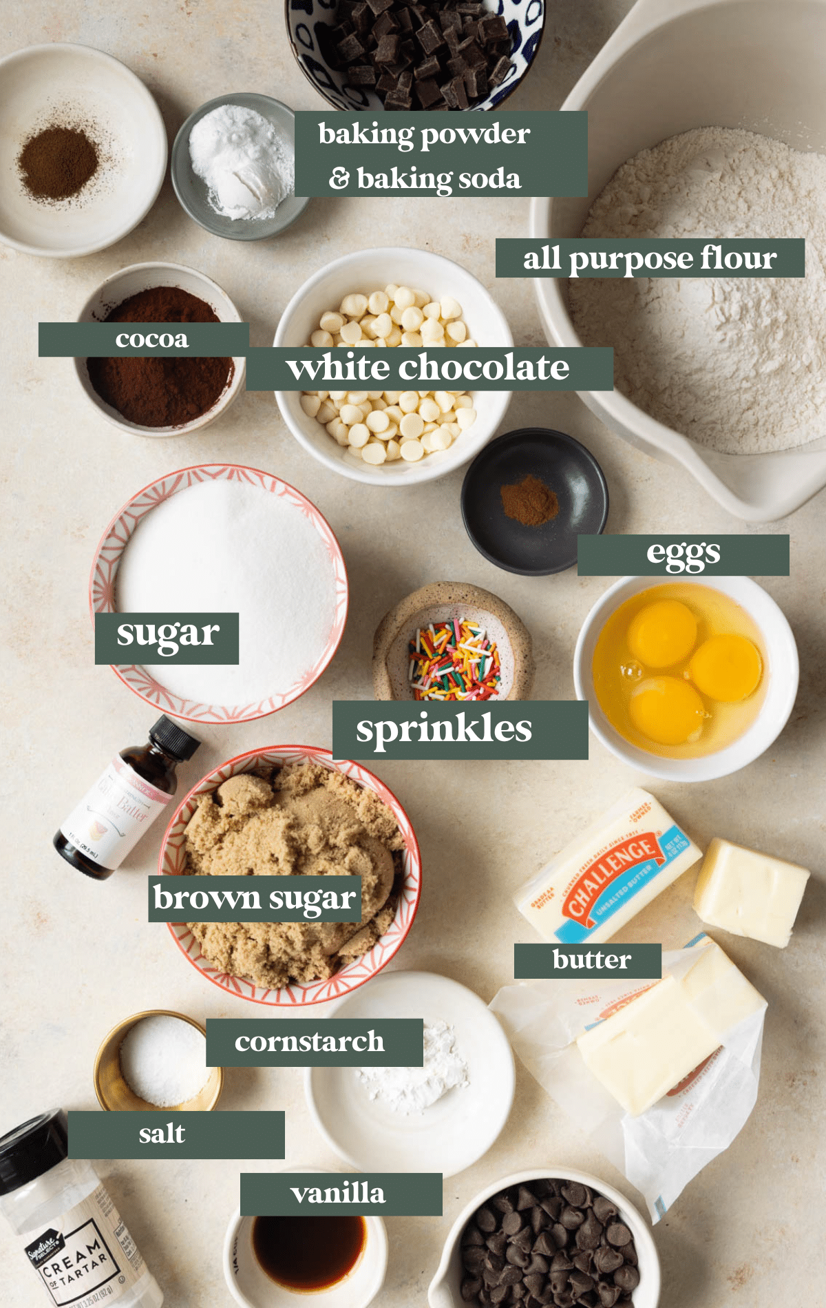 ingredients in small glass bowls needed to make cookies. 