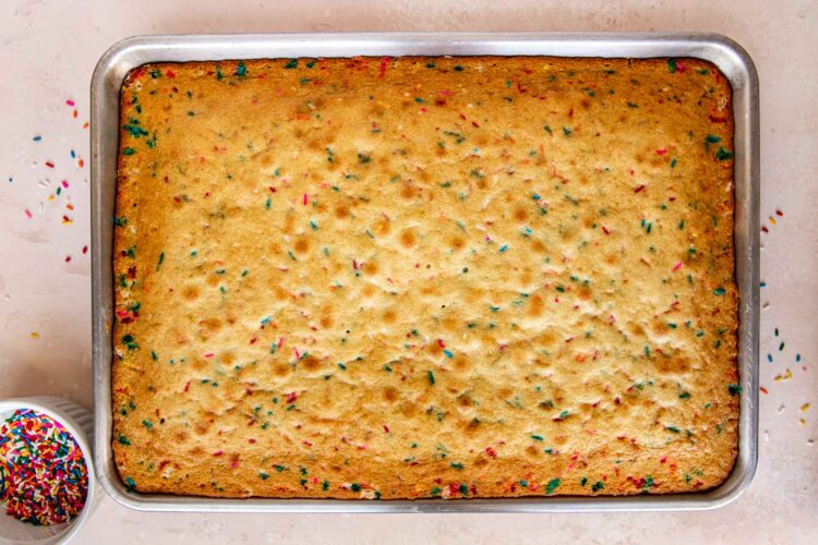 a baked cake on a sheet pan.