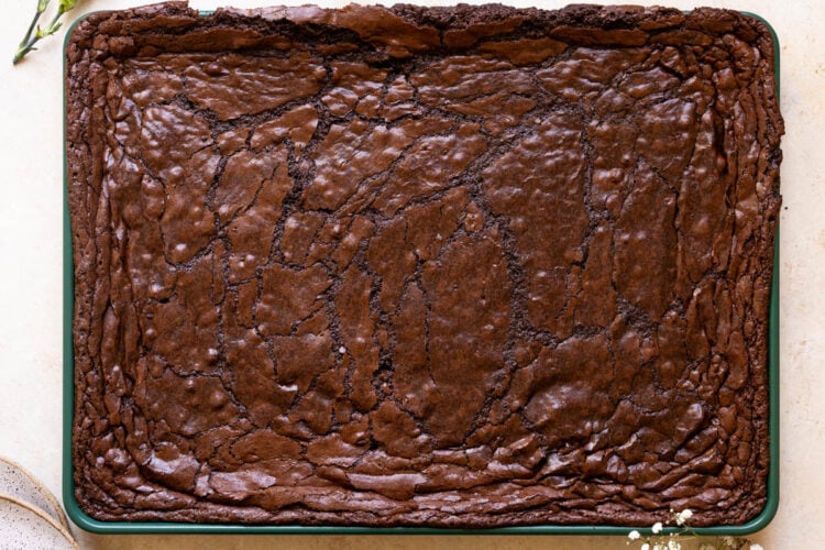 baked brownies on a green sheet pan with crinkly shiny tops.