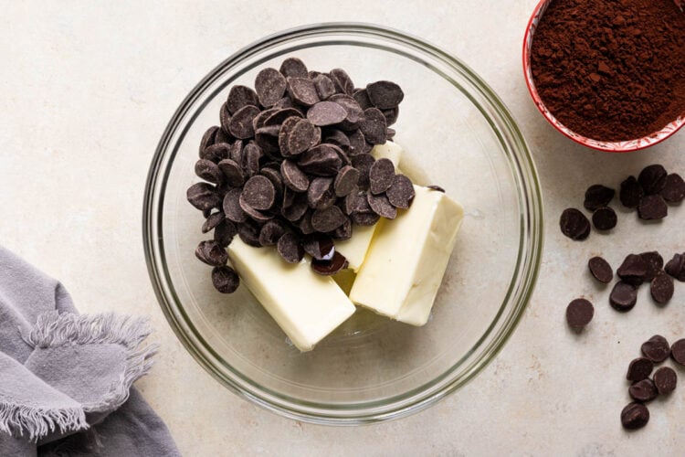 butter and chocolate chips in a glass bowl.