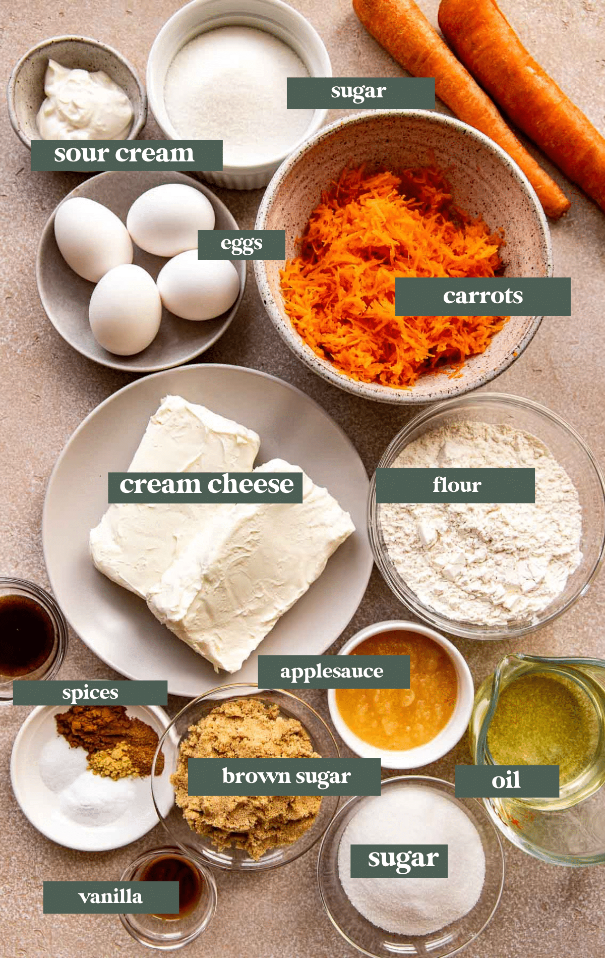 ingredients needed to make a carrot cake cheesecake in small glass bowls. 