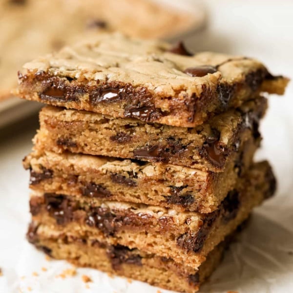 a stack of chocolate chip cookie bars.