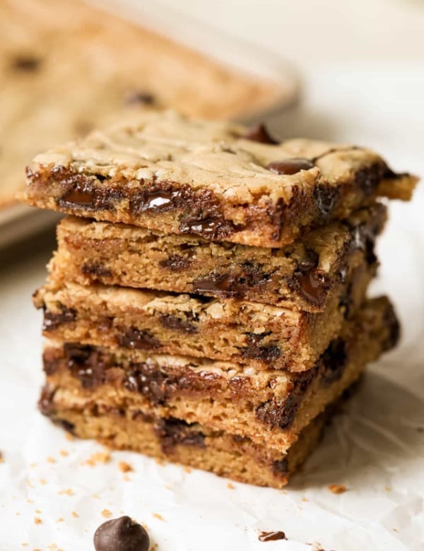 a stack of chocolate chip cookie bars.