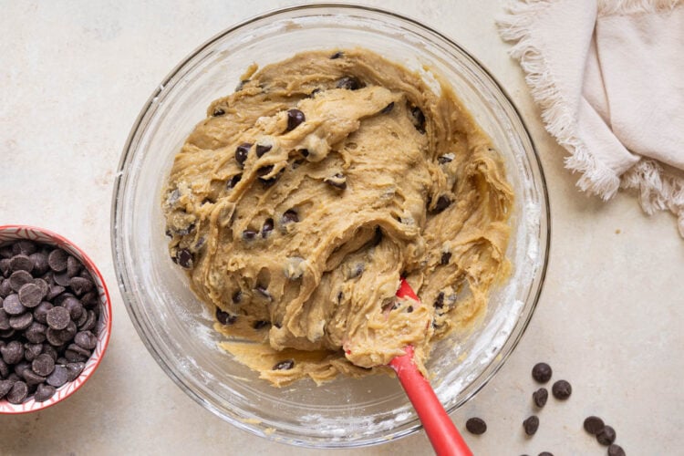 chocolate chip cookie dough in a glass bowl.