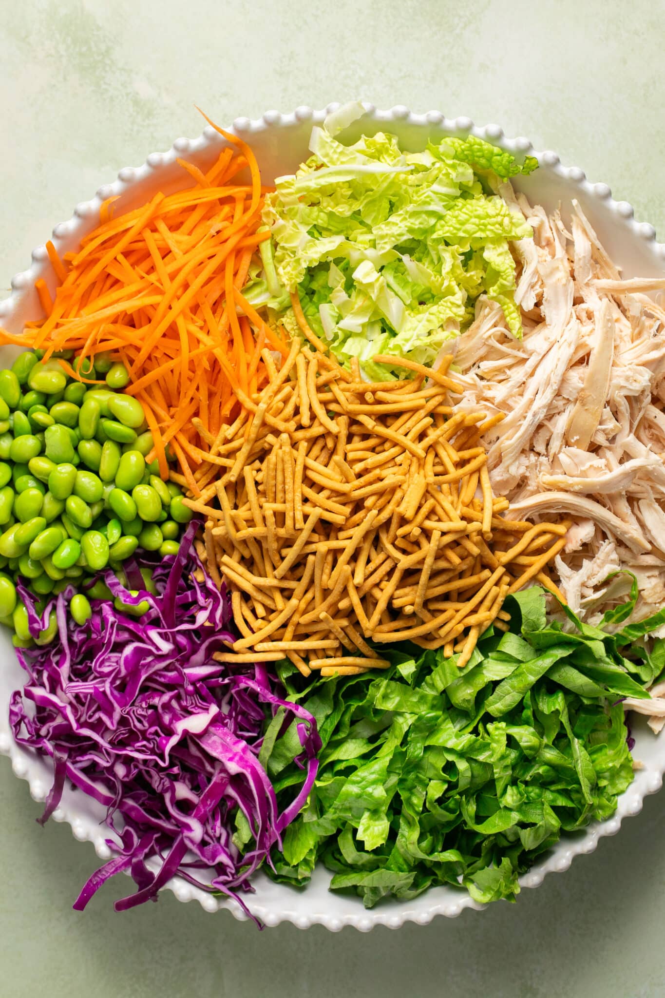 salad ingredients in a large white bowl. 