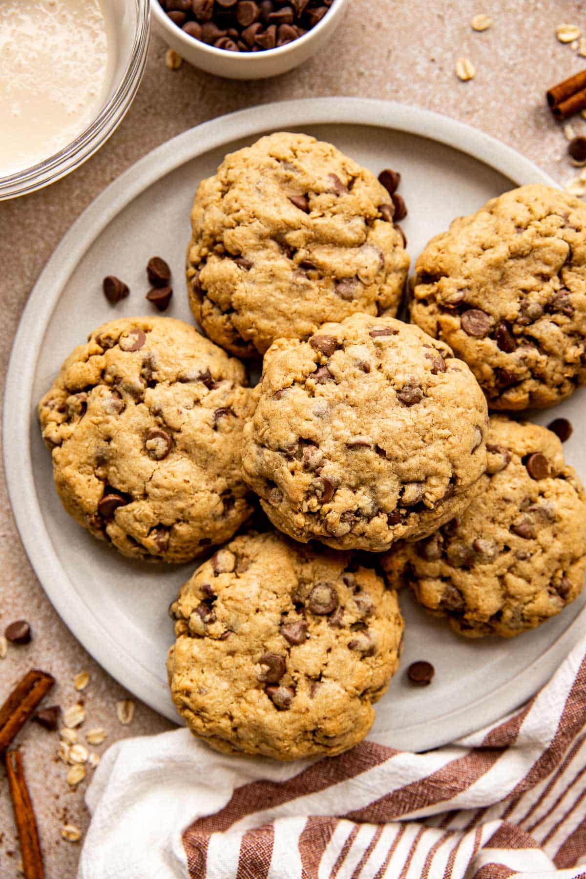 oatmeal chocolate chip cookies on a plate. 