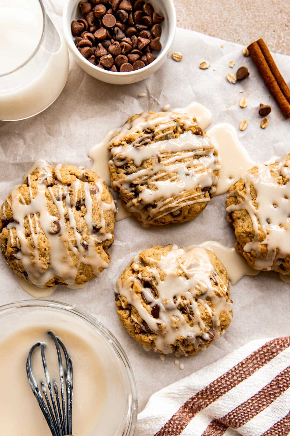 oatmeal chocolate chip cookies with a glaze on top/