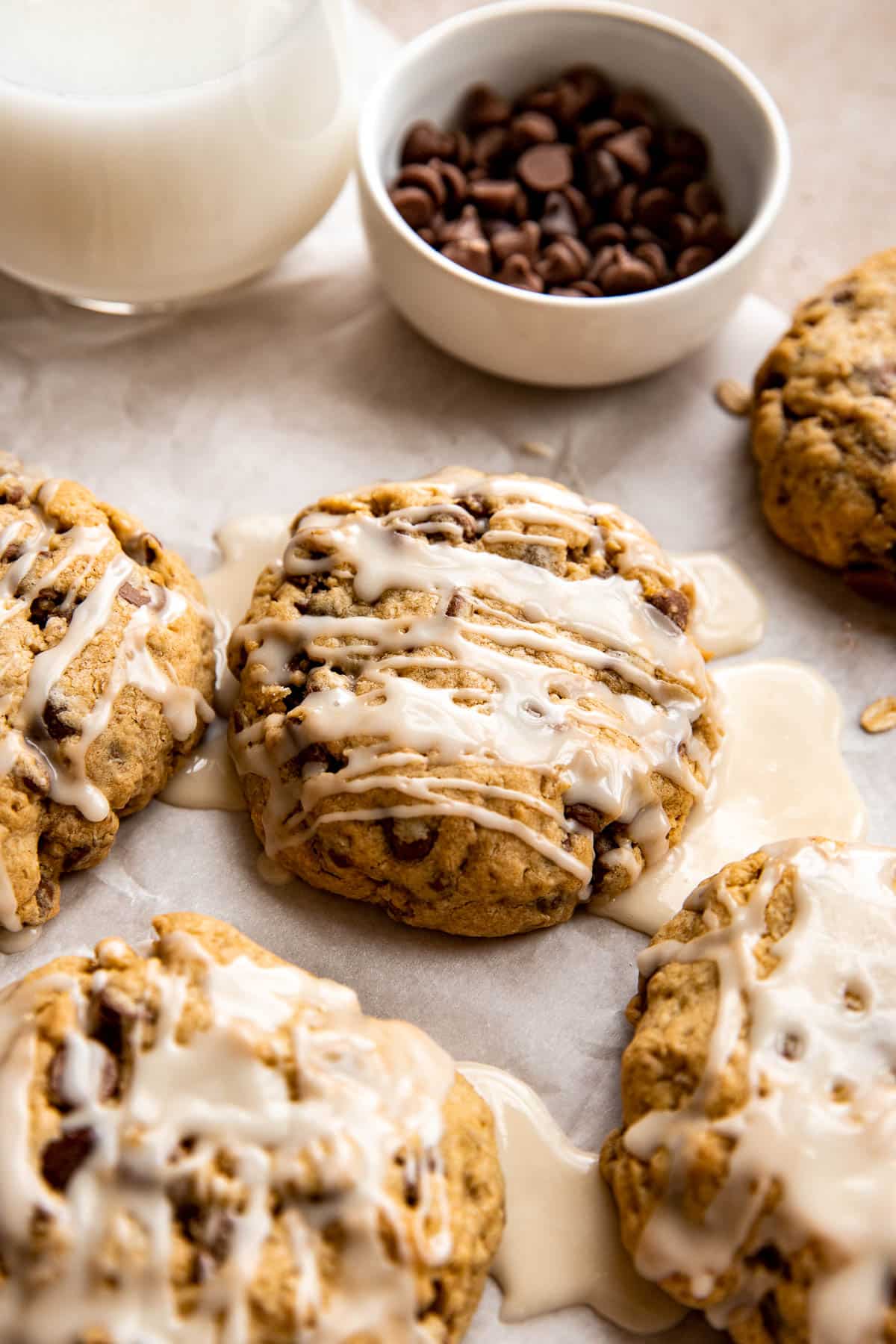 oatmeal chocolate chip cookies with a glaze on top/