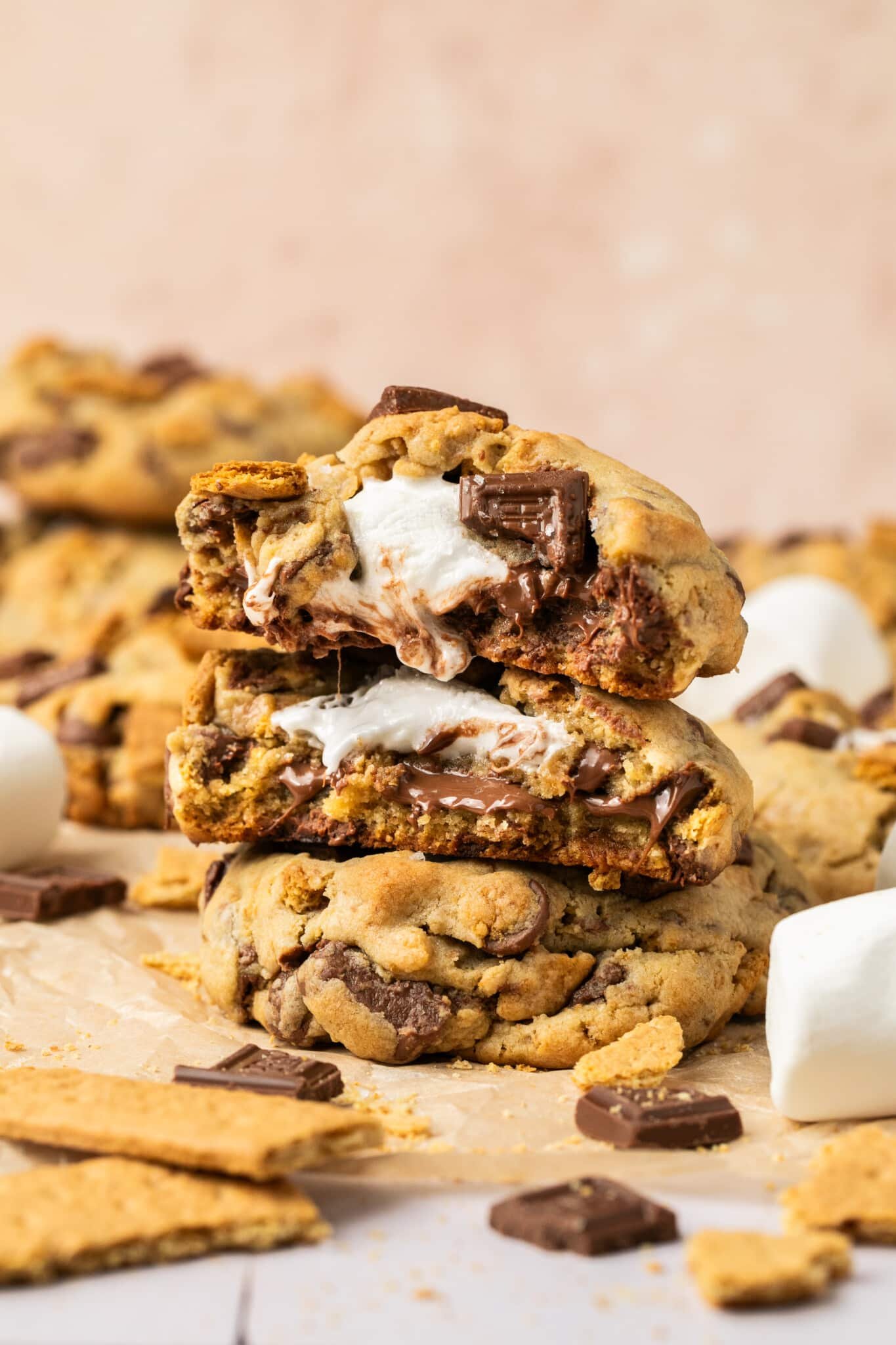 smores cookies stacked on top of each other. 