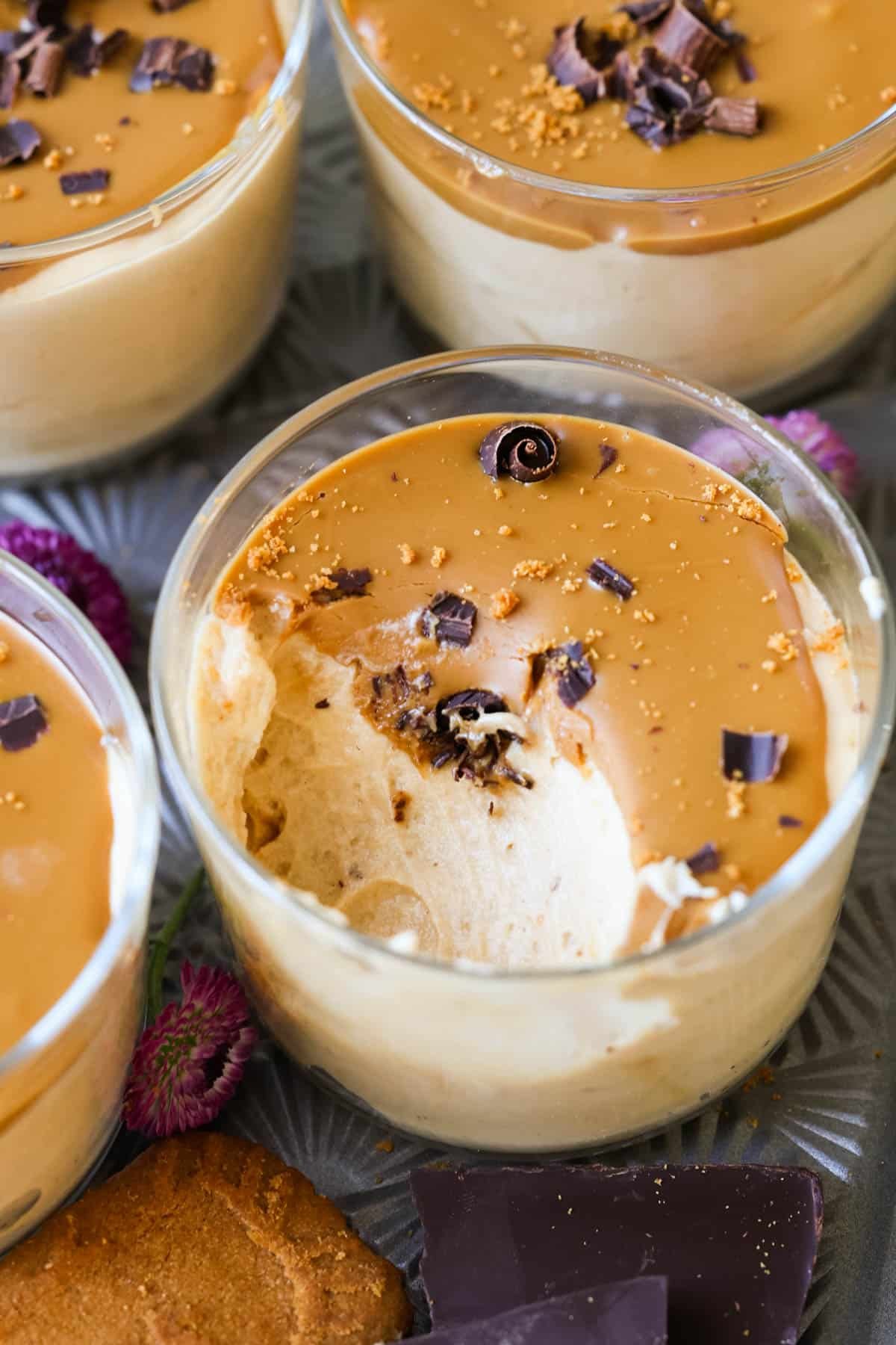 biscoff mousse in glass jars.