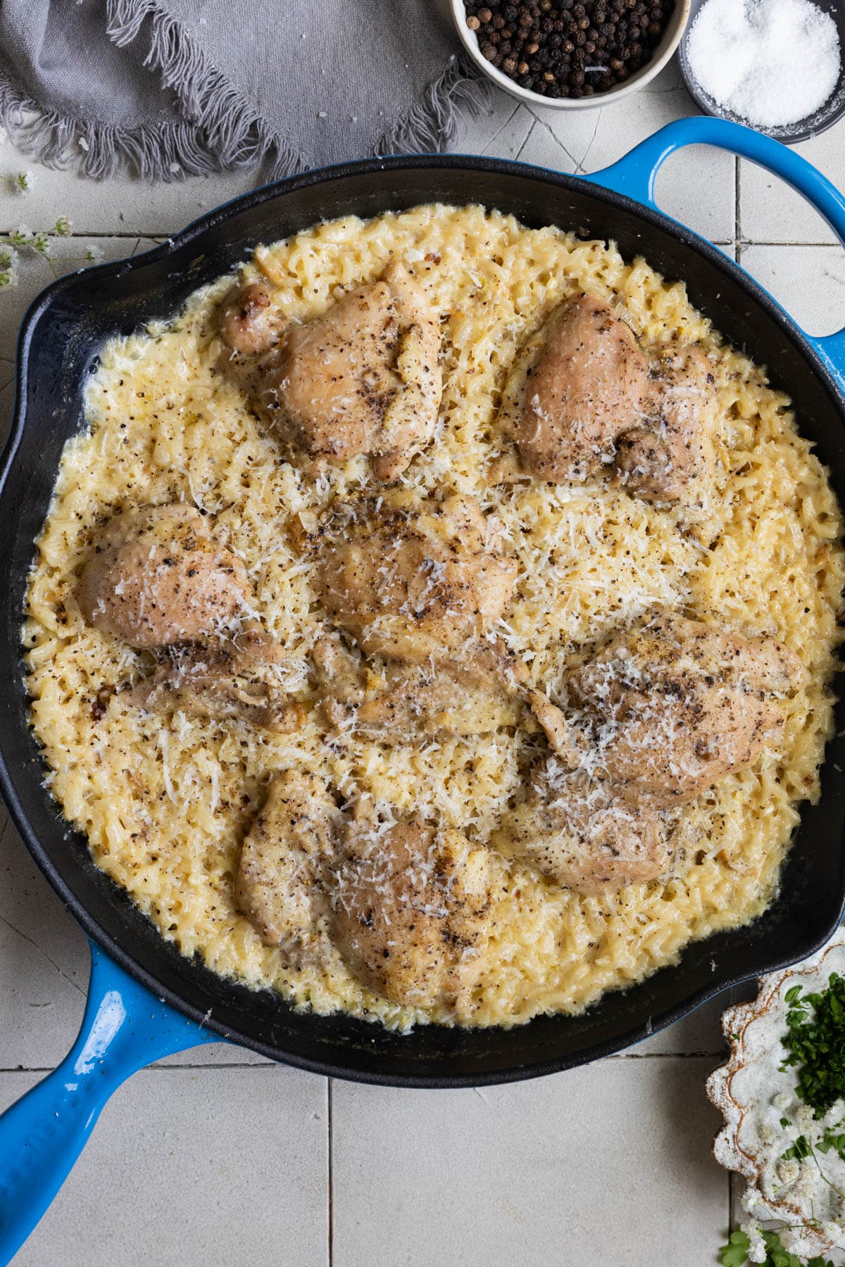 chicken and rice in a skillet. 