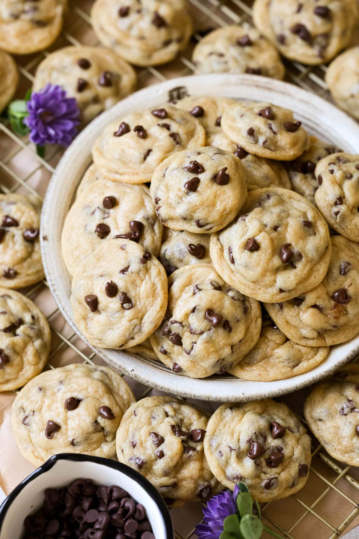 mini chocolate chip cookies on a plate. 