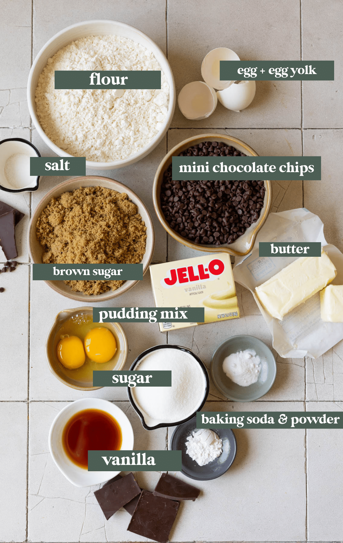 ingredients in small bowls needed to make cookies. 