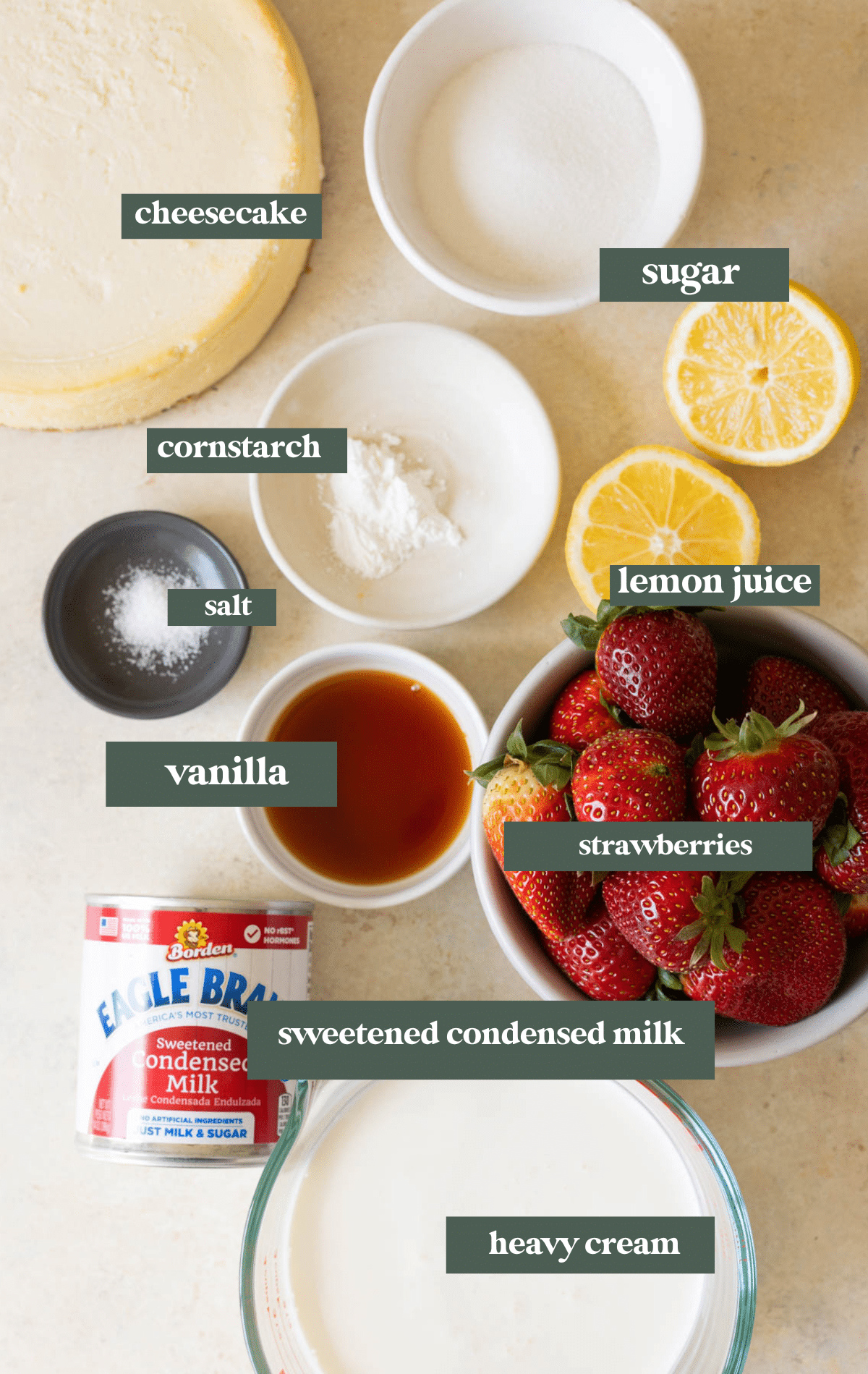 ingredients needed to make homemade ice cream in small glass bowls. 