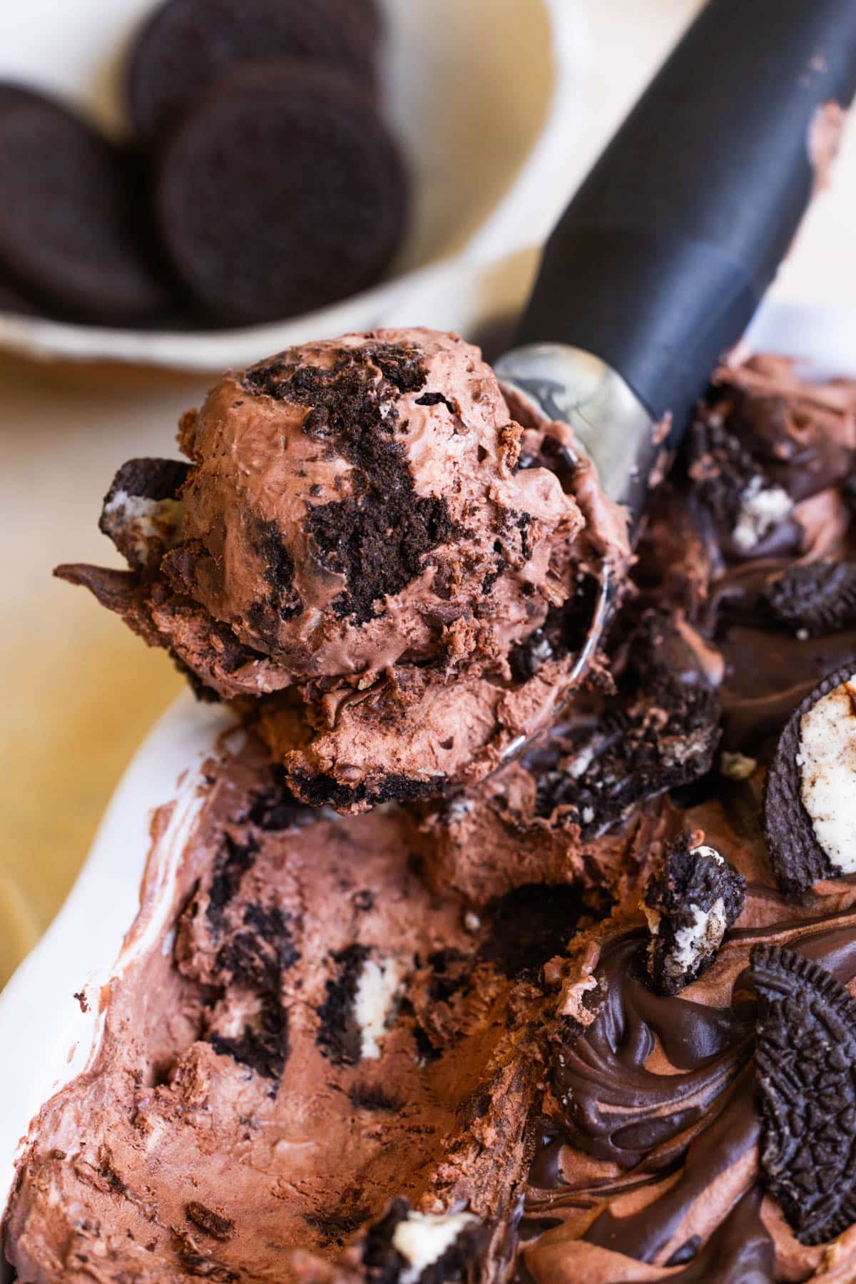 a scoop of chocolate oreo ice cream.
