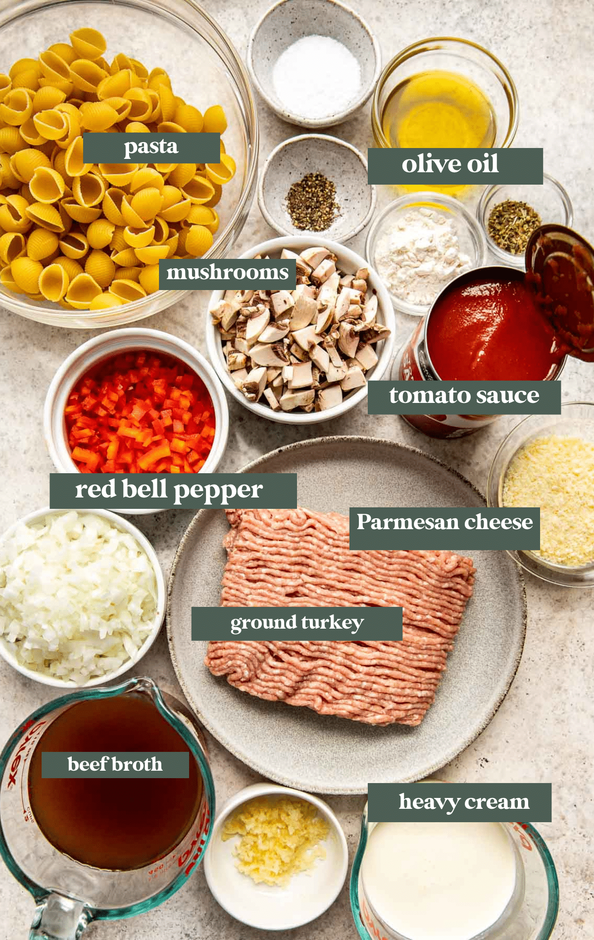 ingredients needed to make easy shell ground turkey pasta. 
