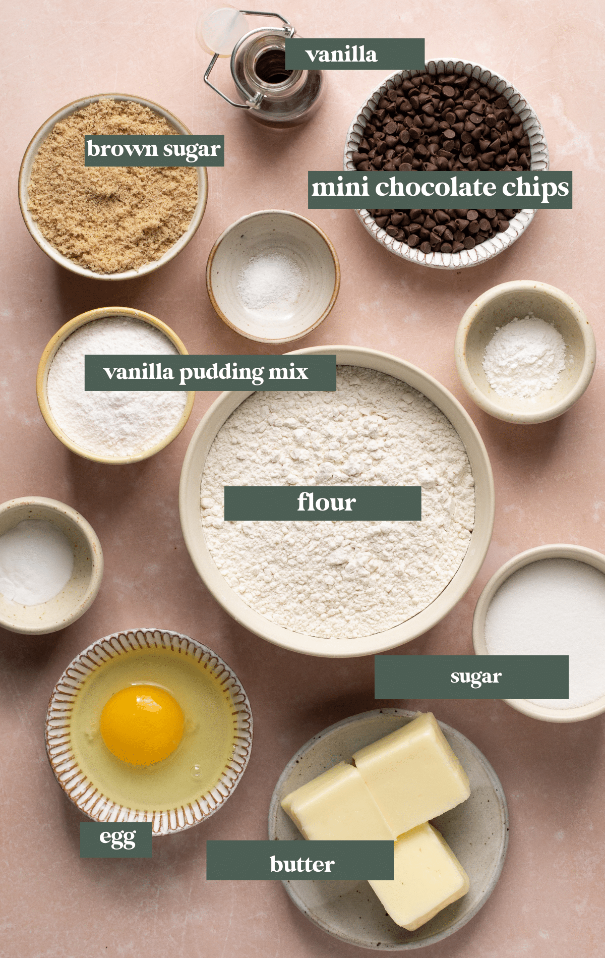 ingredients in small glass bowls needed to make cookies. 