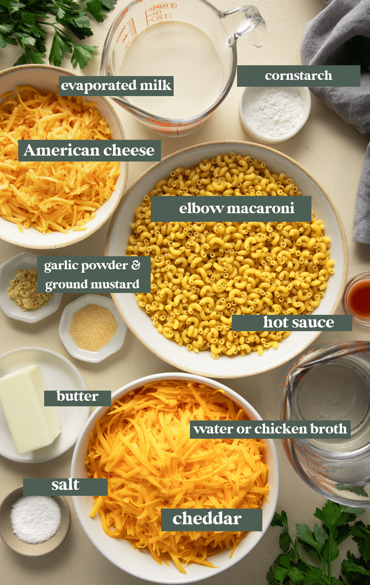 image of ingredients needed to make homemade mac and cheese. 