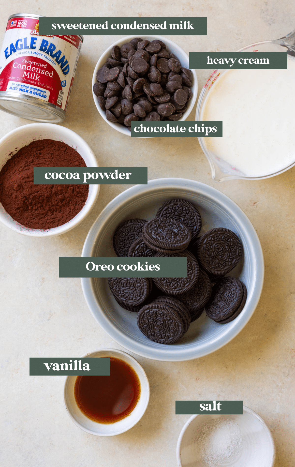 ingredients in glass bowls needed to make no churn chocolate oreo ice cream. 
