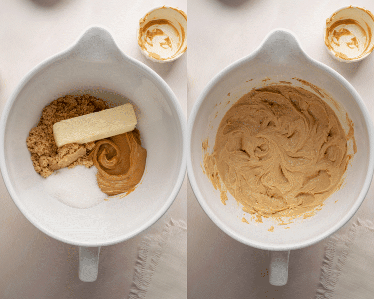Side-by-side image of creaming the butter, peanut butter and sugars togther.