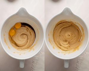 Side-by-side image of adding the eggs and vanilla to wet ingredients and mixing until combined.