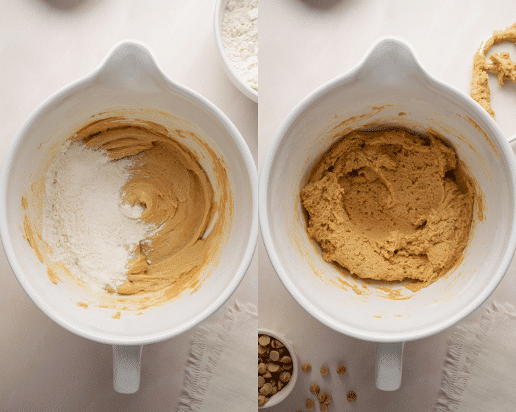 Side-by-side image of gently incorporating the dry ingredients into the wet.