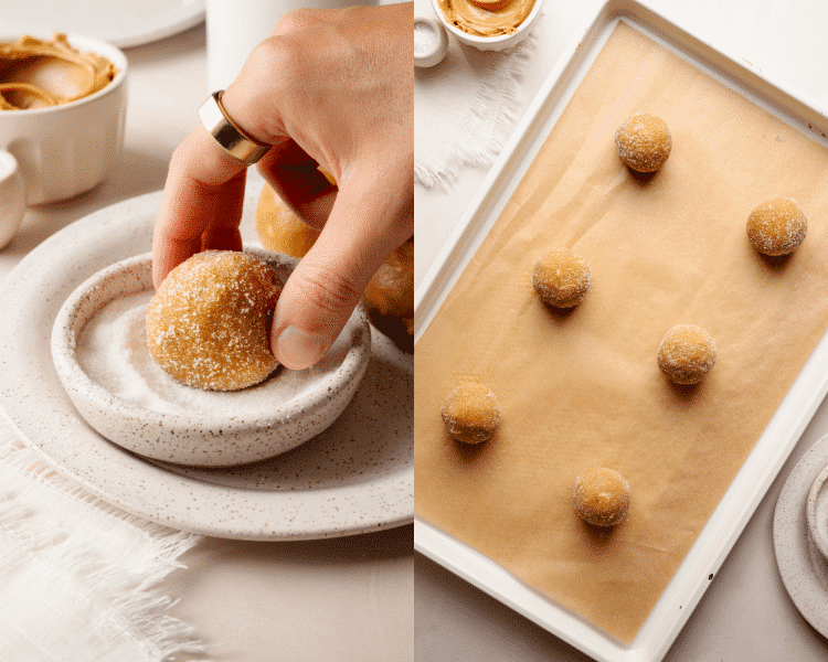 Side-by-side image of rolling ball of cookie dough in sugar then placing it with other cookie dough balls on prepared baking sheet.