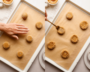 Side-by-side image of gently pressing down on cookie dough balls then pressing lines into them with fork.