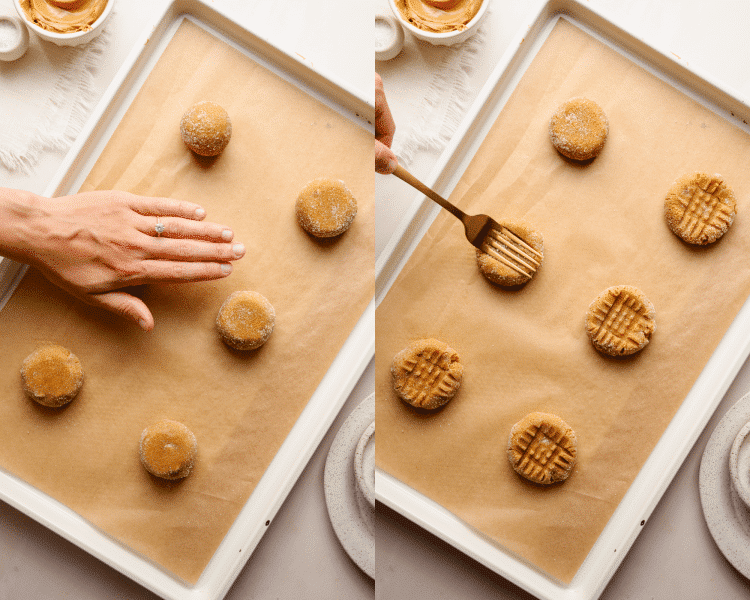 Side-by-side image of gently pressing down on cookie dough balls then pressing lines into them with fork.