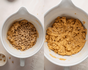 Side-by-side image of adding peanut butter chips to cookie dough and mixing until they are combined.