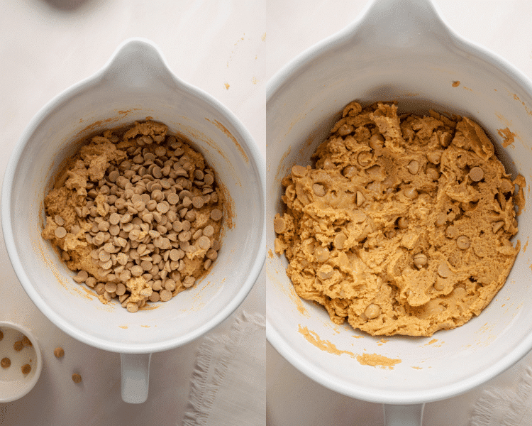 Side-by-side image of adding peanut butter chips to cookie dough and mixing until they are combined.