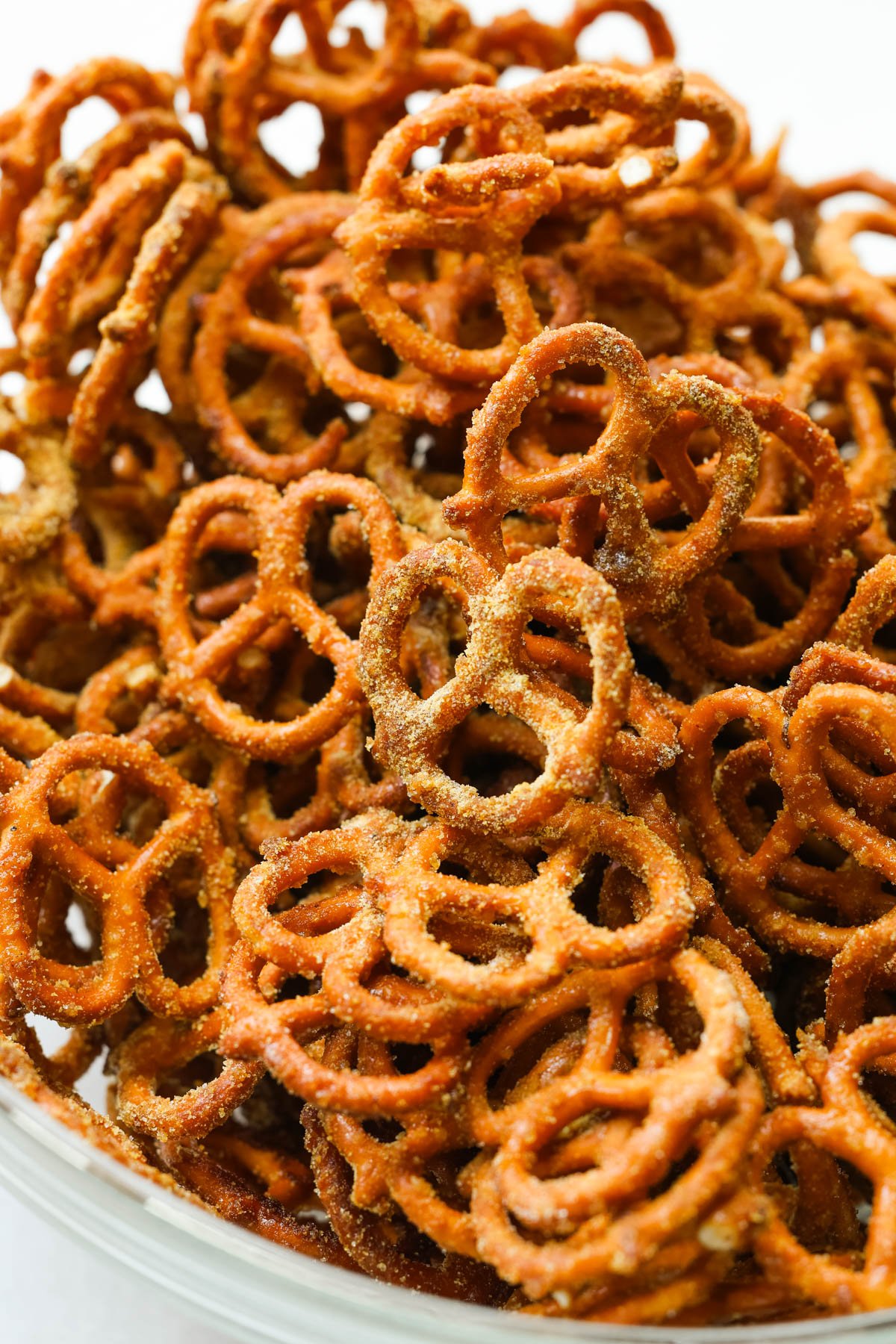 a close up image of honey mustard pretzels. 