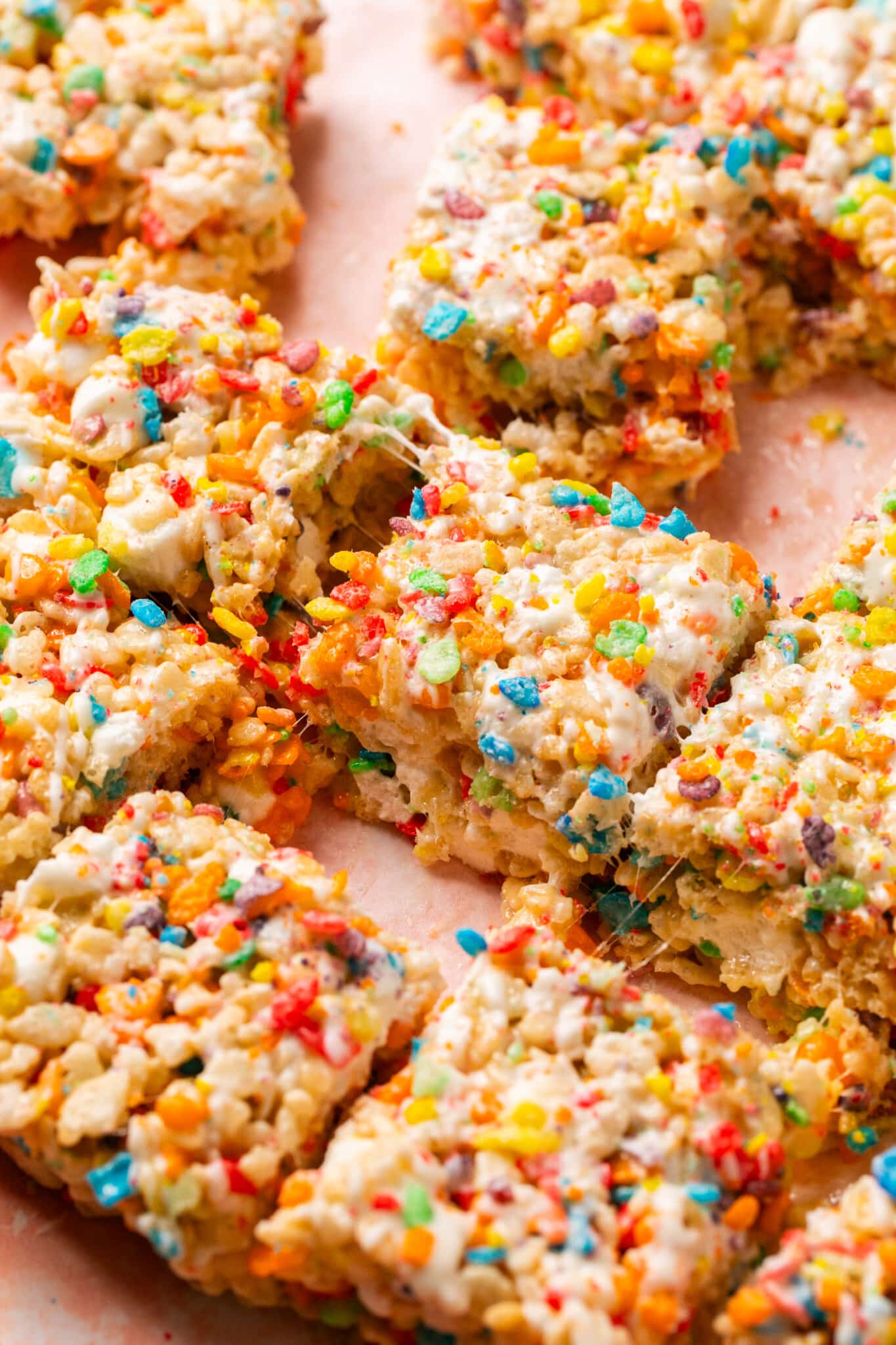 fruity pebble rice krispies cut into squares. 