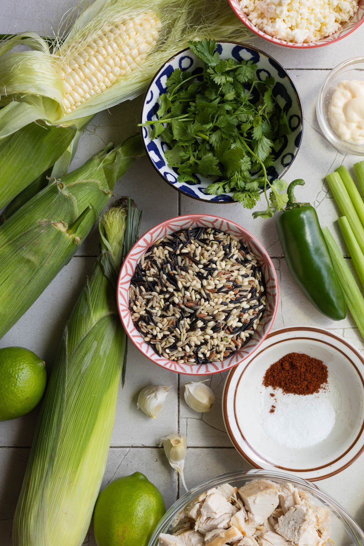 ingredients needed to make wild rice mexican street corn bowls. 