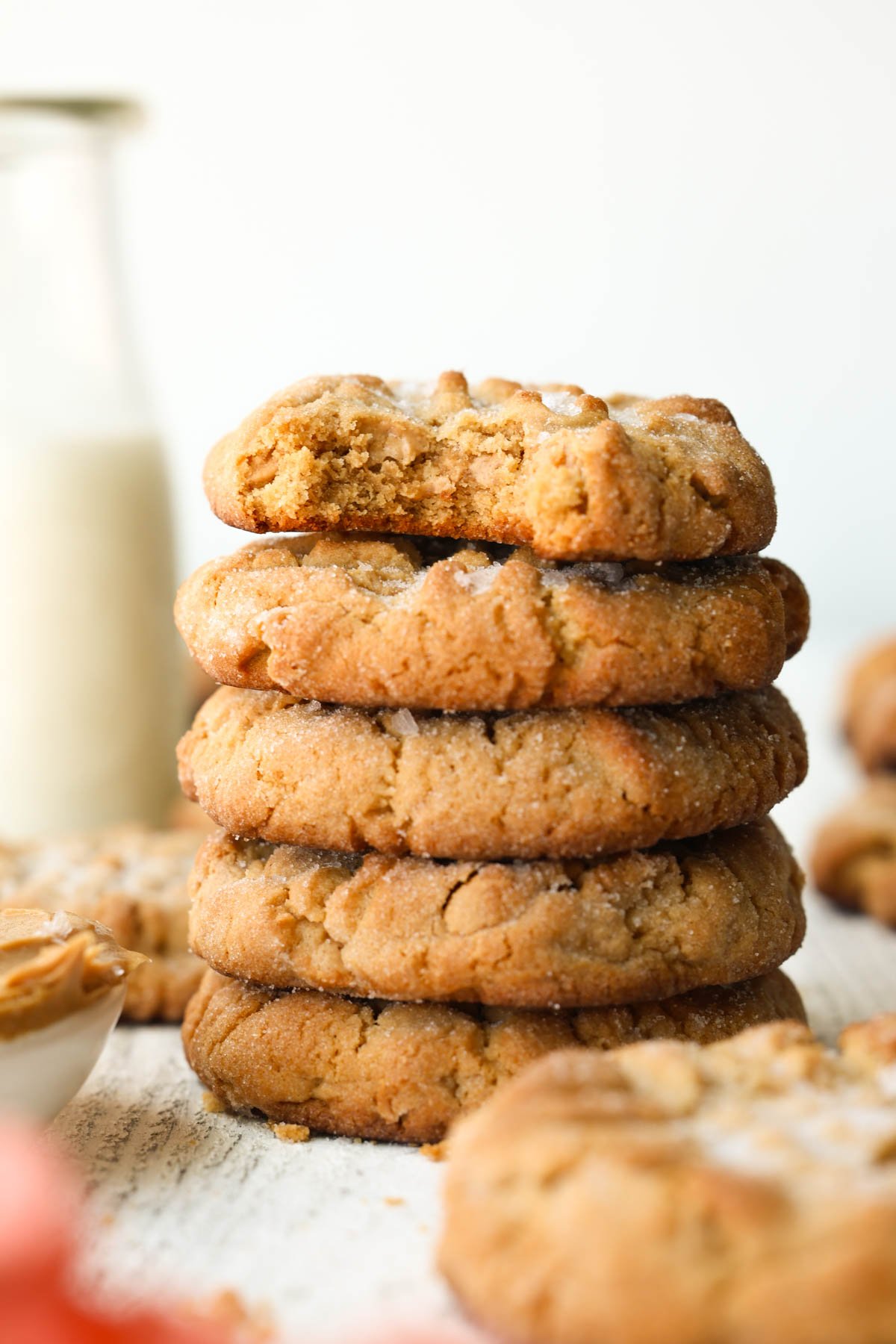a stack of peanut butter cookies. 