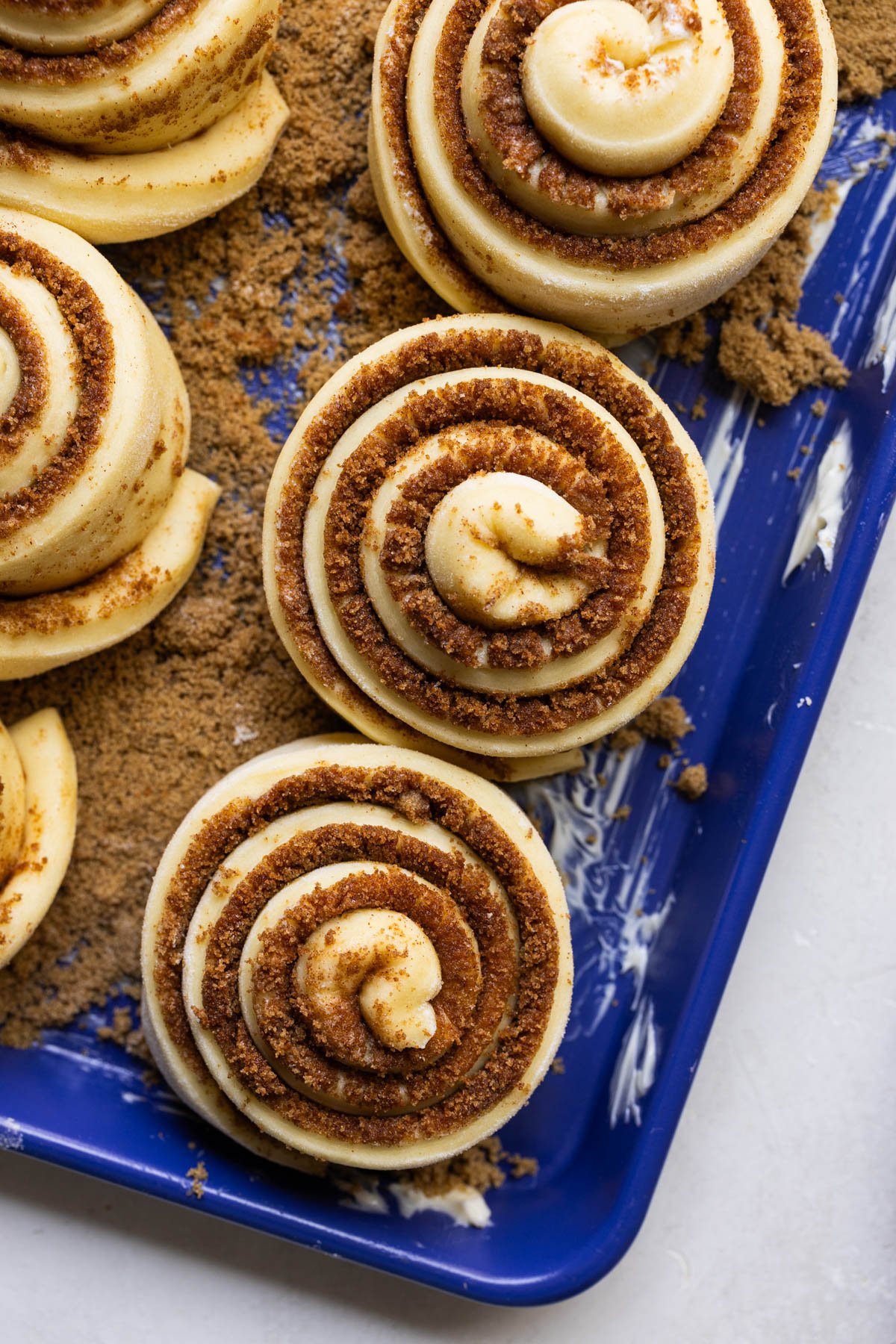 cinnamon rolls on a blue baking sheet. 