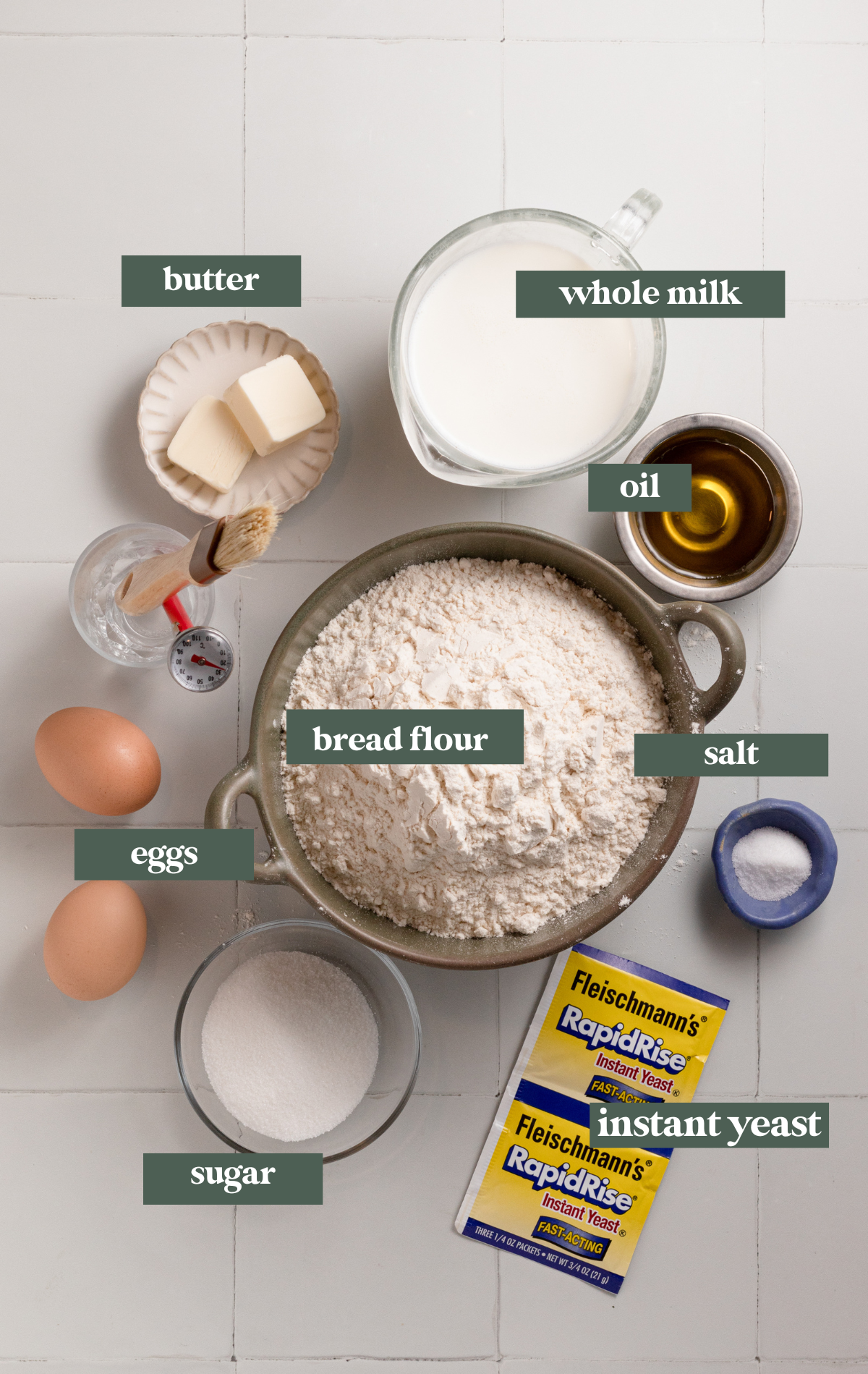 ingredients needed to make dinner rolls. 