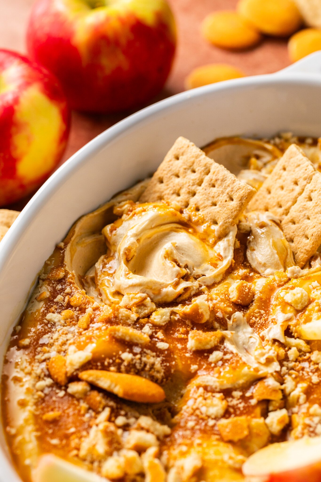 an up close image of a graham cracker dipping into cheesecake dip. 