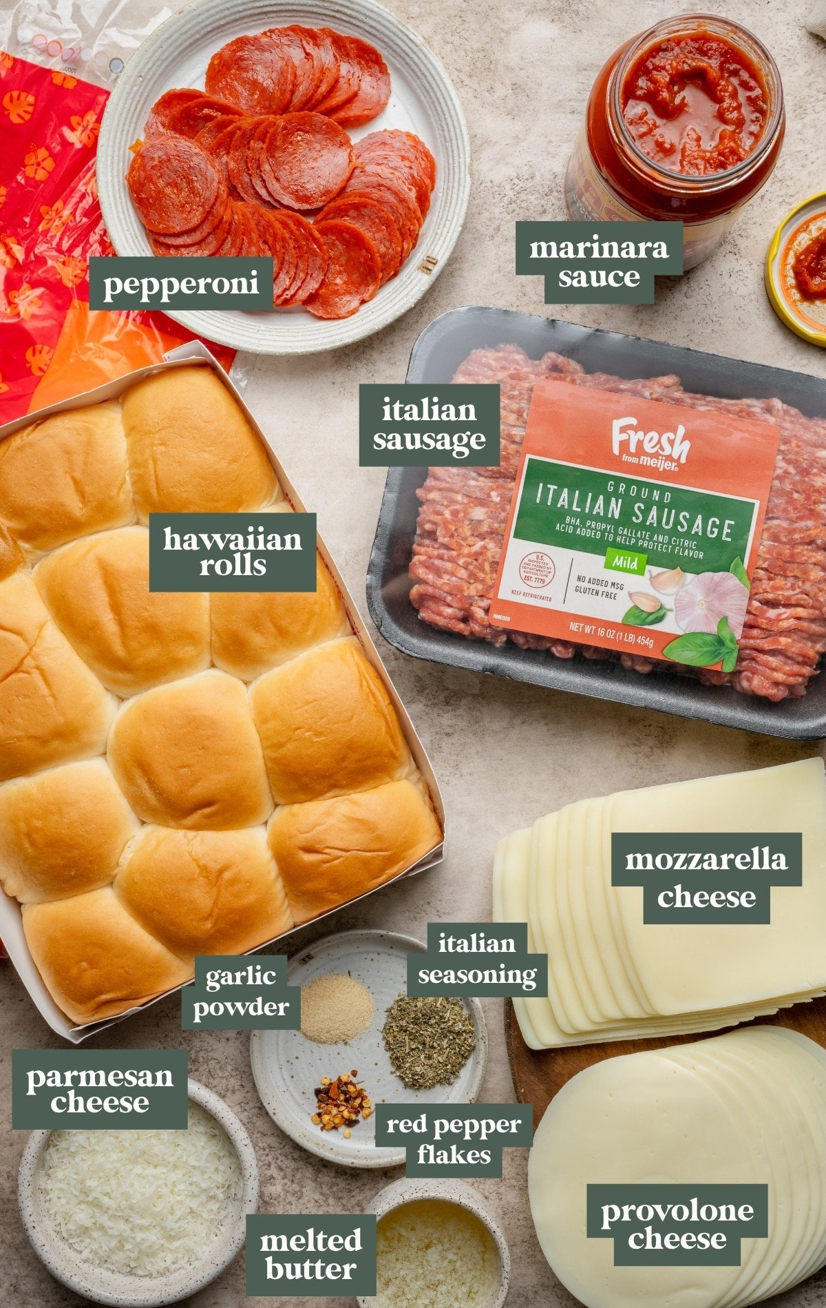 Overhead view of ingredients for making pizza sliders arranged neatly on a countertop. Includes a package of ground Italian sausage, a jar of marinara sauce, a plate of sliced pepperoni, a pack of Hawaiian rolls, slices of mozzarella and provolone cheese, a small bowl of grated Parmesan cheese, melted butter, and small dishes containing garlic powder, Italian seasoning, and red pepper flakes. Each ingredient is labeled with text for clarity.