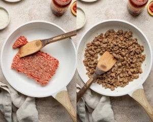 Side-by-side images showing raw ground Italian sausage in a skillet on the left and browned sausage cooked through on the right. A wooden spatula rests in the pan, with marinara sauce and Parmesan cheese bowls nearby.