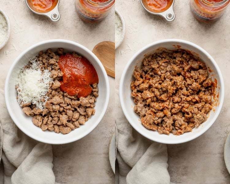 Two photos showing cooked Italian sausage in a bowl. On the left, grated Parmesan and marinara sauce are added to the sausage; on the right, everything is mixed together into a flavorful filling.