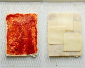 Two-step photo showing assembly of pizza sliders. On the left, the bottom half of the rolls is spread with marinara sauce; on the right, topped with overlapping slices of mozzarella cheese.
