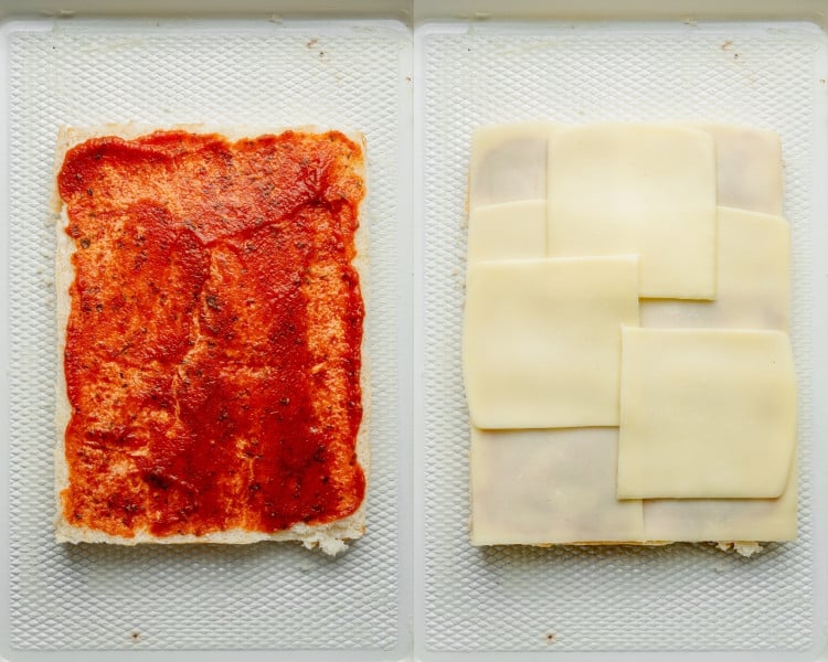 Two-step photo showing assembly of pizza sliders. On the left, the bottom half of the rolls is spread with marinara sauce; on the right, topped with overlapping slices of mozzarella cheese.