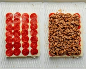 Two images showing layered ingredients for pizza sliders. The left shows a layer of pepperoni slices over the mozzarella, and the right adds cooked sausage mixture on top of the pepperoni.