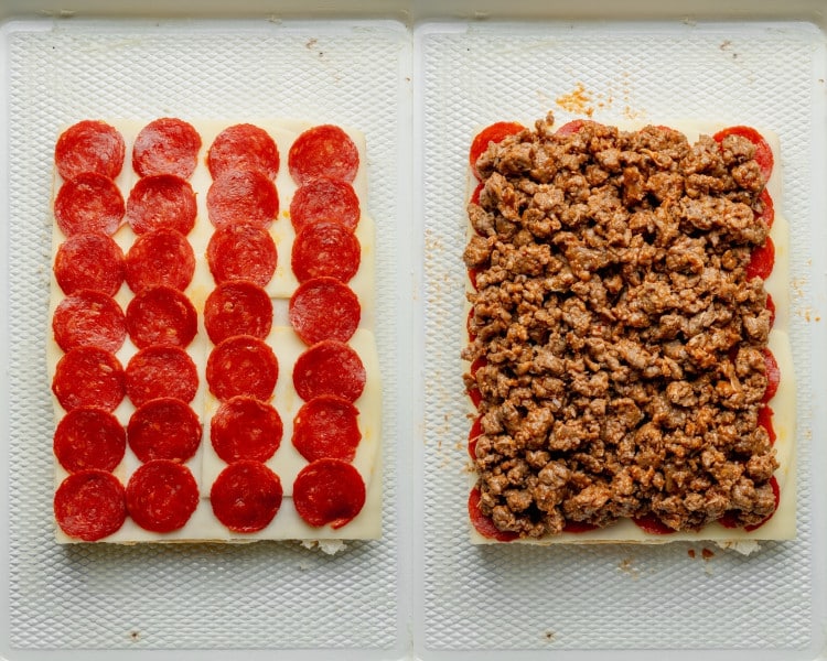Two images showing layered ingredients for pizza sliders. The left shows a layer of pepperoni slices over the mozzarella, and the right adds cooked sausage mixture on top of the pepperoni.