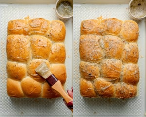 Two photos showing the tops of the rolls being brushed with garlic butter. The left shows a hand brushing on the mixture, and the right shows the fully coated rolls ready to bake.