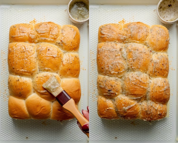 Two photos showing the tops of the rolls being brushed with garlic butter. The left shows a hand brushing on the mixture, and the right shows the fully coated rolls ready to bake.