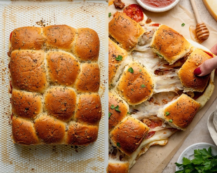 Two images showing the finished pizza sliders. On the left, the baked sliders are golden brown and sprinkled with Italian herbs; on the right, a hand pulls apart a cheesy slider with melted mozzarella stretching between the rolls.