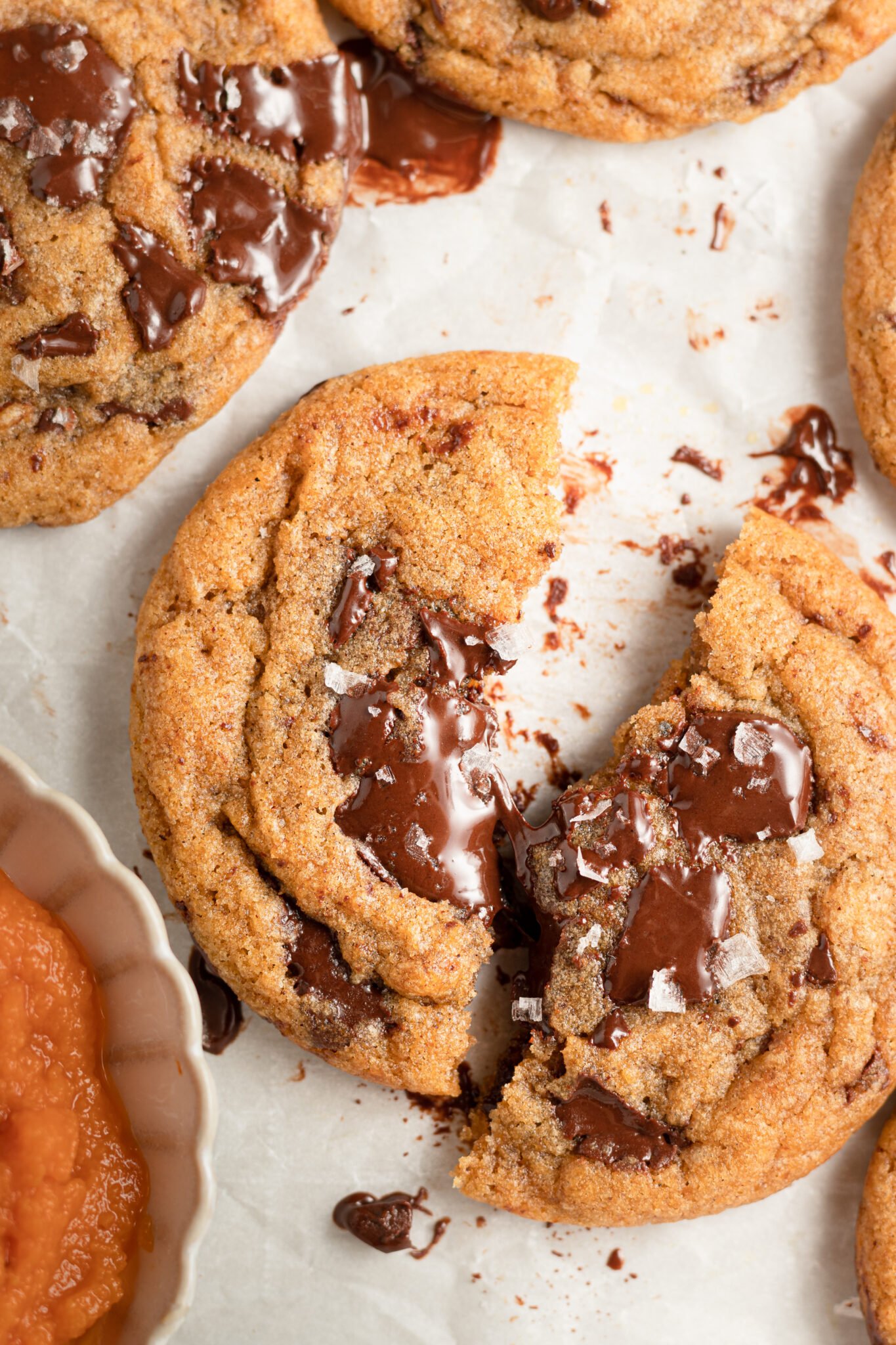 a freshly baked cookie with gooey chocolate on top. 